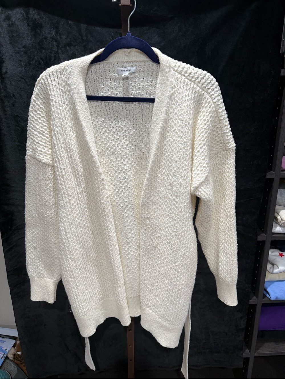 Nine West Cream Knit Belted Cardigan Sweater with Clear Sequins